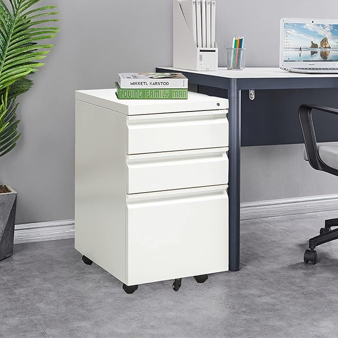 Yiguo 3-Drawer Mobile File Cabinet with Lock, Rolling Office File Cabinet Under Desk, Metal Filing Cabinet with Wheels for Legal Letter File (White)