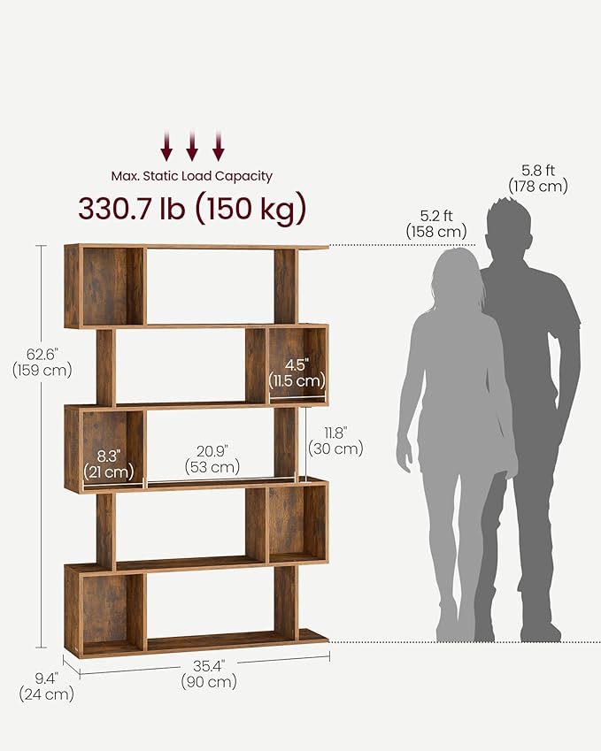 VASAGLE Bookshelf, 5-Tier Bookcase, 9.4 x 35.4 x 62.6 Inches, Storage Shelf with Open Compartments, Modern Style, for Living Room, Bedroom, Office, Rustic Brown ULBC416K01
