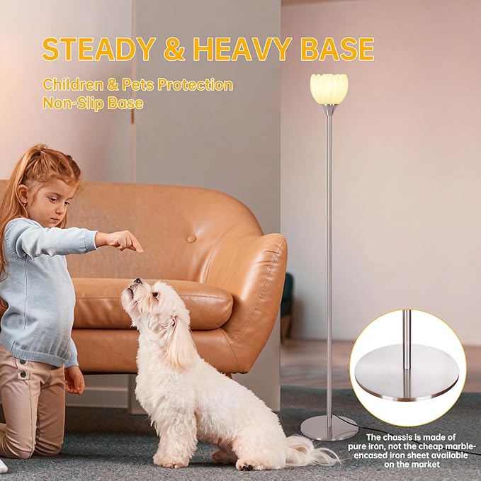 Floor Lamps for Living Room, Bedroom, Nickel Standing Lamp with 12W Bulb, Vintage Floor Lamp for Reading, Nursery, Corner (White Tulip)