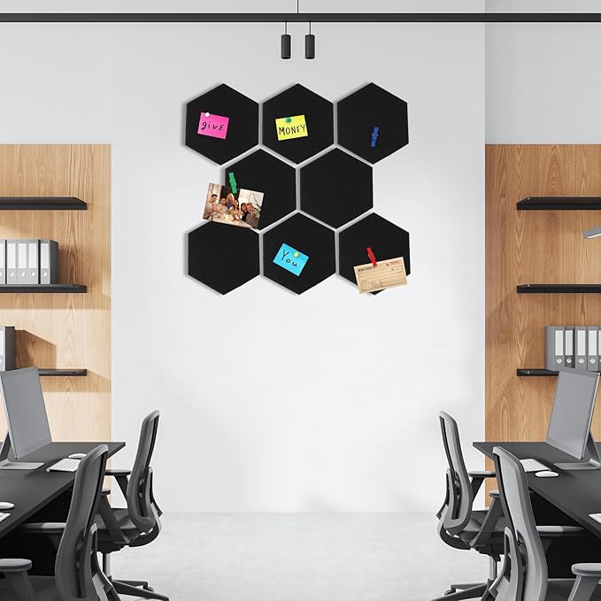 8 Pcs 12" Large Hexagon Felt Cork Bulletin Board Tiles Self Adhesive DIY Pin Board with 50 Push Pins and 10 Colored Clips, Wall Decor for Office Home Kitchen Photos Memos(Colorful)