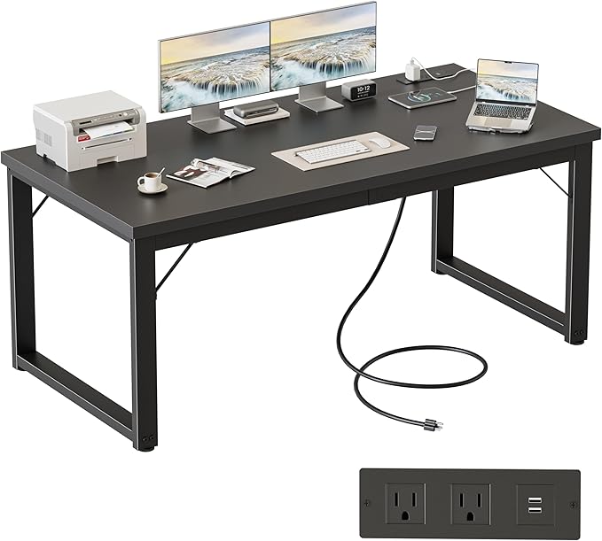 Mericonia 54 Inch Computer Desk with Power Outlets, 1.2" Thick Heavy Duty Industrial Office Desk, Modern Simple Study Writing Table for Home Office Bedroom Workstation, Black