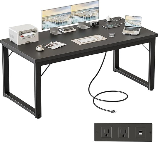 Mericonia 54 Inch Computer Desk with Power Outlets, 1.2" Thick Heavy Duty Industrial Office Desk, Modern Simple Study Writing Table for Home Office Bedroom Workstation, Black