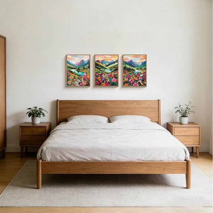 Boho Wildflower Framed Canvas Wall Art,Abstract Mountain Landscape Wall Decor,Colorful Flowers Blossom Painting,Nature Botanical Artwork for Living Room,Bedroom,Office,Farmhouse - 12"x16"x3