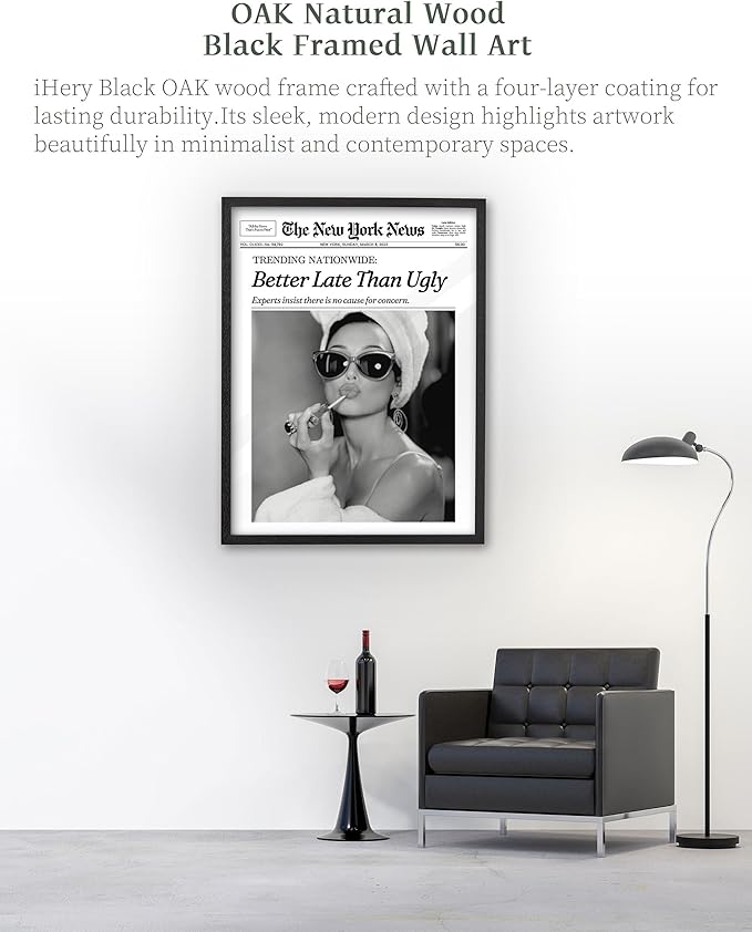 iHery Premium Natural Black OAK Wood 12x16in Audrey Hepburn Trendy Framed Wall Art, Vintage Funny Better Late Than Ugly Canvas Bathroom Wall Decor Essential,Girly Dorm Bedroom Living Artwork 1Pack