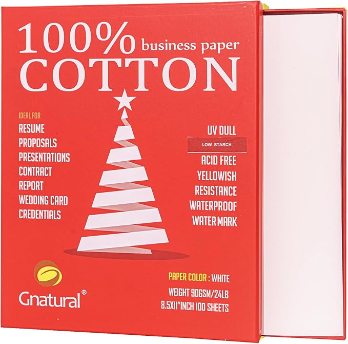 100% Cotton Business Paper, 8.5 x 11 inch 24lb Inkjet Laser Printing Paper, White Color Waterproof Watermark - 100 Sheets Low Starch