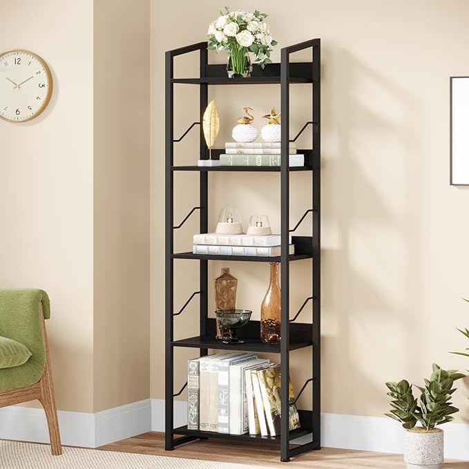 Hosfais 5 Tier Tall Bookshelf: Industrial Wood Book Shelf with Edge Protection Metal Narrow Bookshelf Bookcase Storage Organizer Display Rack for Living Room Home Office (Black)