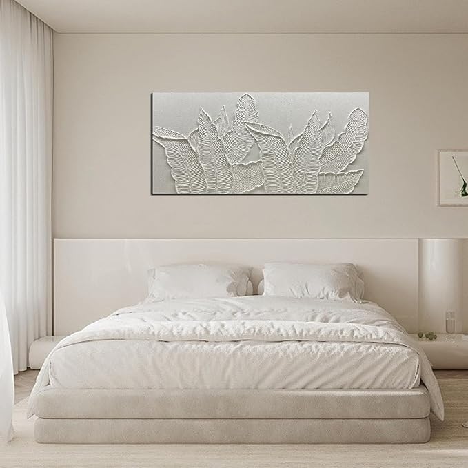 YaSheng Art- Wall Art Oil Paintings ,Modern Tropical Palm Leaf Wall Art, Handmade 3D Textured Relief White，Modern Minimalist Wall Art Abstract Artwork painting, Wall Art for living room Bedroom Wall Deco Home, Framed Wall Art Pictures 24X48 Inches