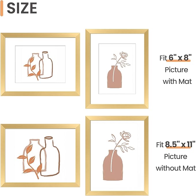 upsimples 8.5x11 Picture Frame Set of 5, Display Pictures 6x8 with Mat or 8.5 by 11 Without, Wall Gallery Photo Frames, Gold