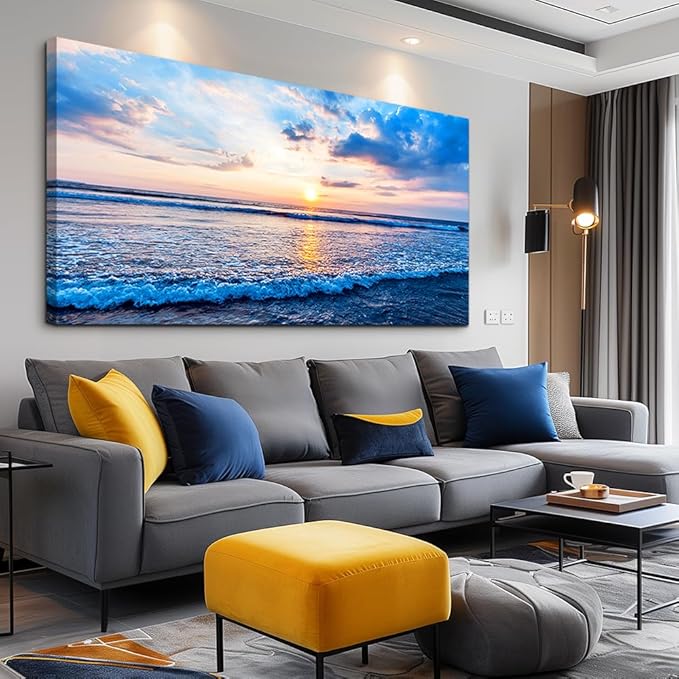hyidecorart Ocean Wall Art for Living Room, Blue Wave and Large Coastal Beach Canvas Wall-Decor for Bedroom,Large Blue Artwork for Walls Gold Sun Scenery Pictures for Hallway Office Kitchen 30" x 60"
