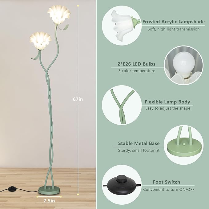 Flower Floor Lamp for Living Room, Cute Floral Lamp with Flexible Gooseneck, Tall Standing Lamp with 3 Color Modes, Modern Corner LED Bulb Lamp for Kids Girls Bedrooms (Green)