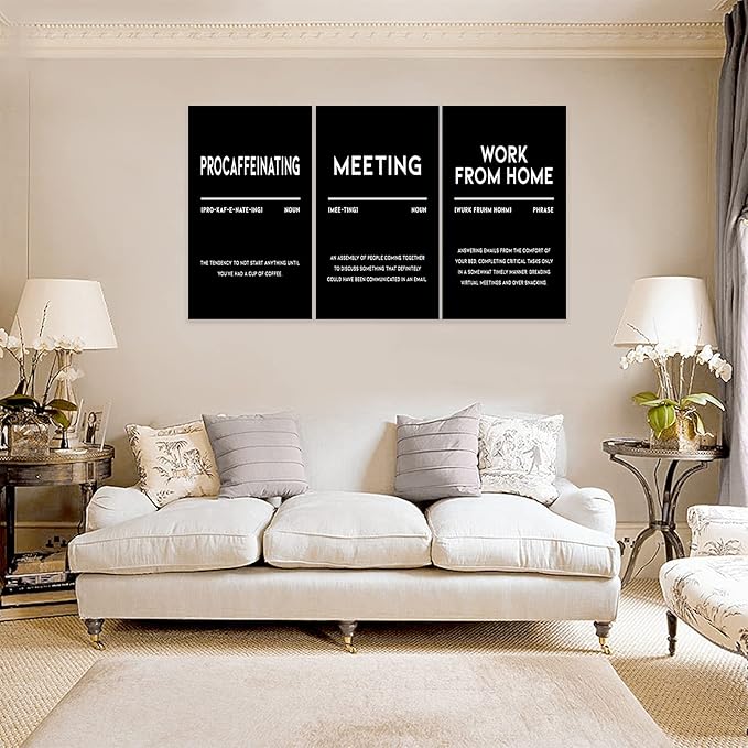 3 Piece Inspirational Canvas Wall Art, Quotes "Procaffeinating - Meeting - Work From Home" Motivational Print Pictures, Triptych Entrepreneur Poster Framed Artwork for Men Women Room Decor(72"Wx36" H)