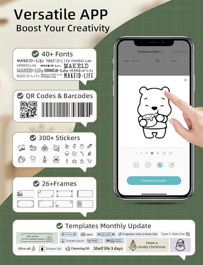 Makeid Q1 Label Maker Machine with Tape - Portable Bluetooth Label Makers for Home & Office Organization - Compatible with Apple iOS & Android - Clear Prints, Custom Templates & Fonts, Retro Design