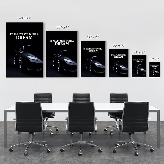 Smile Art Design It All Starts with a Dream Black Sports Car Luxury Motivational Wall Art Canvas Print Inspirational Wall Art Entrepreneur Quote Office Living Room Decor Gift Ready to Hang 22x15