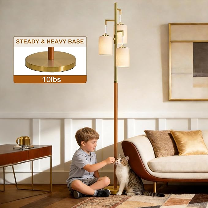 70" Wood Floor Lamp Dimmable Floor Lamps for Living Room Bedroom Mid Century Modern Floor Lamp Gold Standing Lamp Tall Lamps for Office Nursery Reading Elegant Stand Up Lamp, 3 Bulbs Included