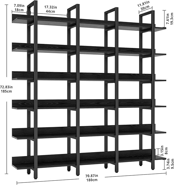 IRONCK Bookcase and Bookshelves Triple Wide 6 Tiers Large Open Shelves, Etagere Bookcases with Back Fence for Home Office Decor, Easy Assembly
