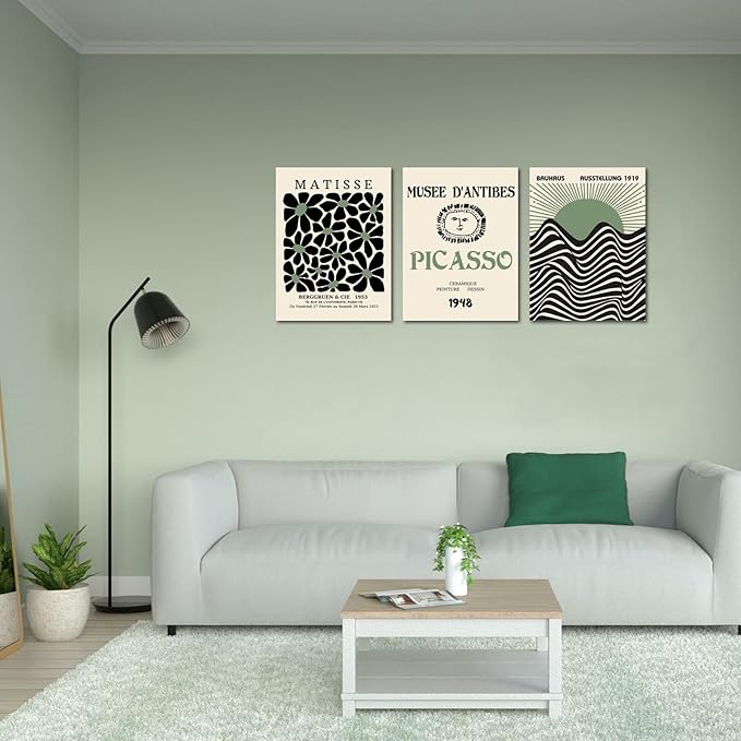 FAEKSUR Sage Green Matisse Wall Art Set of 3, Abstract Art Prints, Framed Geometric Line Sun Rising Green Canvas Artwork, Bedroom, Office