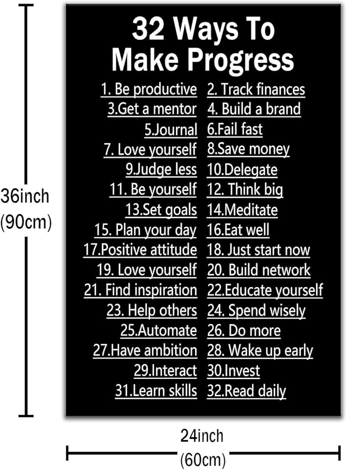 Inspirational Quotes Wall Art Home Decor Motivational 32 Ways To Make Progress Positive Poster Printed on Canvas Painting for Men Classroom Workplace Hallway Artwork Ready to Hang [24''Wx36''H]