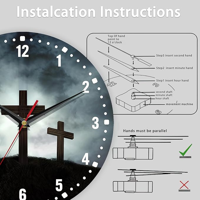SPUNKER Clock for Bedroom,Three Crosses Wall Clocks,Sunlight Battery Operated Wall Clock Silent Non-Ticking Decorative for Home Kitchen Bathroom Living Room Bedroom Office 10 Inch