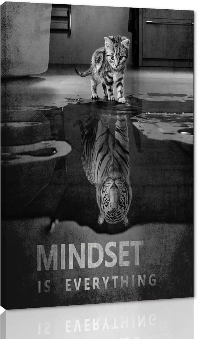 Motivational Wall Art Picture Modern Cat and Tiger Wall Decor Artwork Inspirational Quotes Canvas Painting and Wooden Framed Ready to Hang for Classroom Home Gym Office Decor - 18''W x 24''H