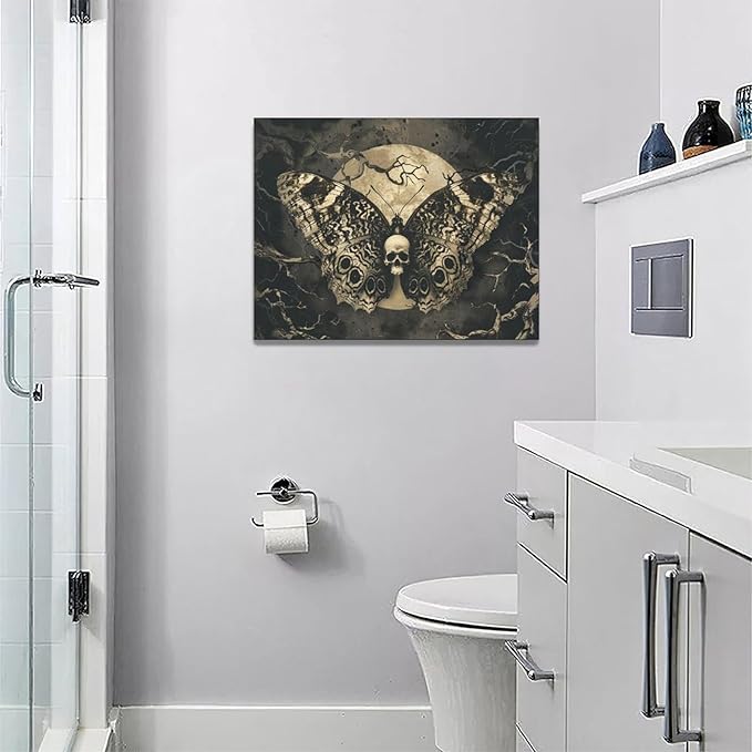 Skull Gothic Wall Art Skeleton Butterfly Dark Spooky Pictures Wall Decor Goth Horror Canvas Painting Home Modern Artwork Decorations Framed for Bathroom Living Room Bedroom Office 16x12 inch