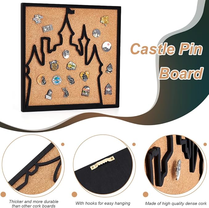 BENECREAT Square Castle Pin Board Cork Board, 11.8x11.8inch Bulletin Display Board Wall Mounted Cork Board with Black Frame for Brooch Pin Storage Display, Office Home and School Decor