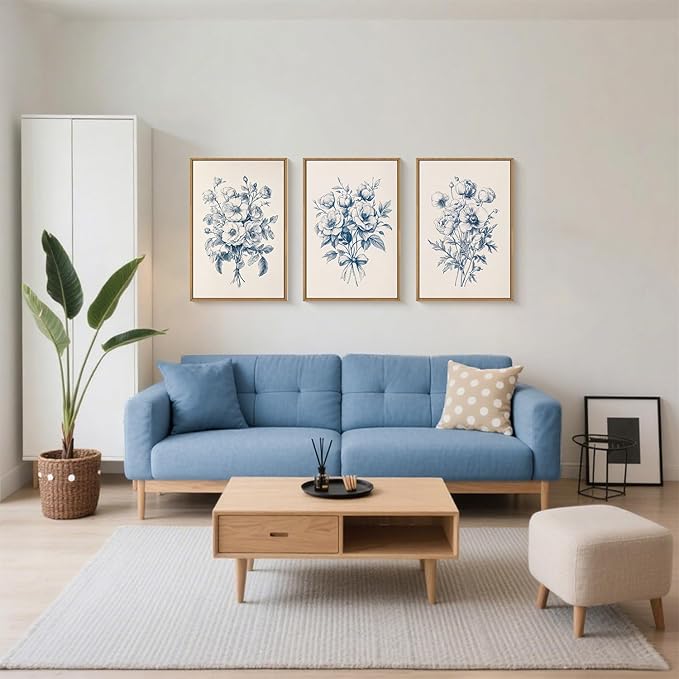 KAIRNE Blue Floral Wall Art Set of 3, Vintage Botanical Flower Framed Canvas Prints, Blue and White Chinoiserie Flower Artwork Decor for Living Room, Bedroom, Office - 24×36 inch