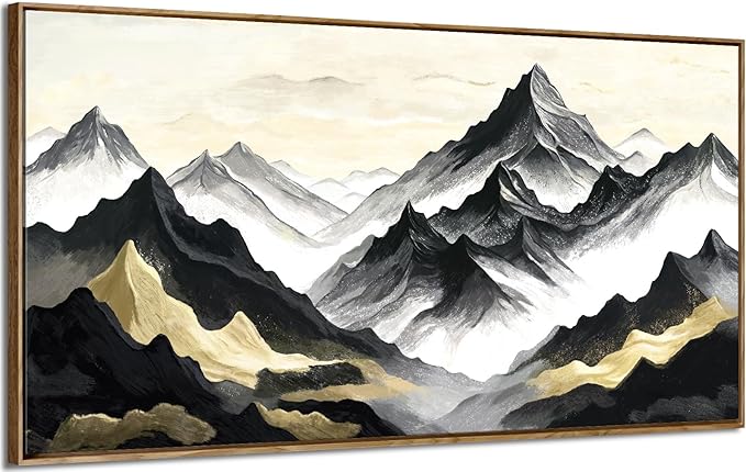 amatop Mountain Landscape Wall Art, Large Framed Modern Abstract Black and White Canvas Print – Zen Minimalist Nature Artwork for Office Wall Decor, Living Room & Bedroom (48x24 Inch)