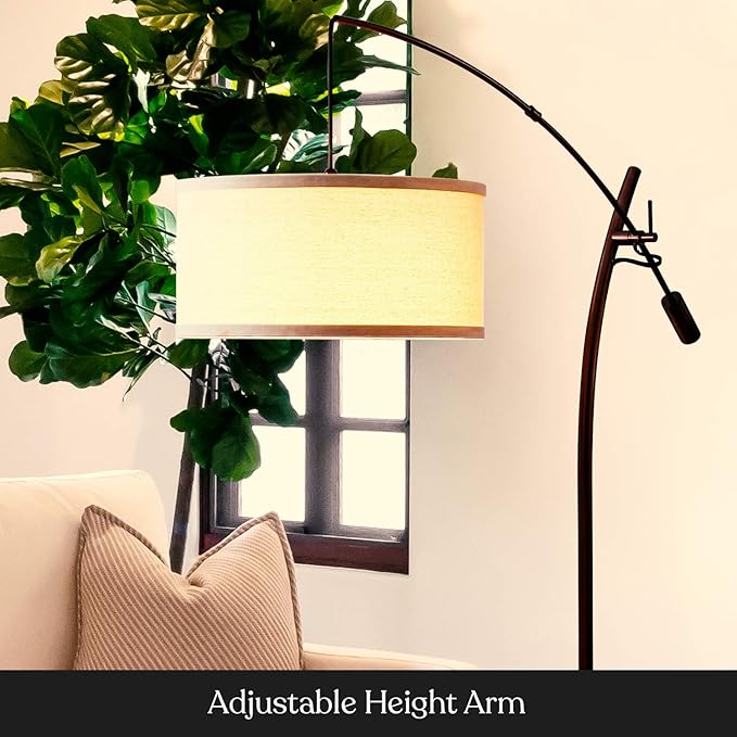 Brightech Grayson LED Floor Lamp, Modern Arc Lamp with Linen Shade for Office & Living Room, Tall, Height Adjustable Industrial Standing Lamp for Bedroom Reading, Over The Sofa - Bronze