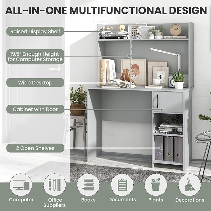 Tangkula Computer Desk with Hutch, Home Office Desk with Raised Display Shelf & 2 Open Shelves, Cabinet with Door, Cable Management Holes, Modern Laptop PC Desk, Study Writing Desk for Bedroom (Gray)
