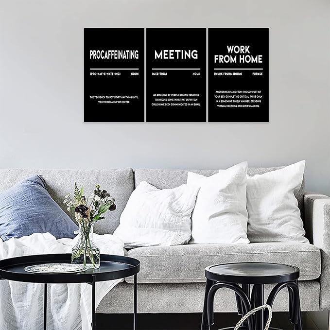 3 Piece Inspirational Canvas Wall Art, Quotes "Procaffeinating - Meeting - Work From Home" Motivational Print Pictures, Triptych Entrepreneur Poster Framed Artwork for Men Women Room Decor(48"Wx24" H)