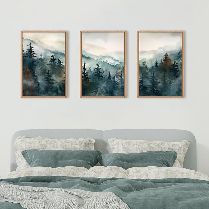KAIRNE Watercolor Misty Forest Framed Canvas Wall Art Set, Nature Landscape Wall Decor, Foggy Mountain Pine Trees Wall Painting, Jungle Scenery Artwork for Living Room, Bedroom, Office - 16"x24"x3