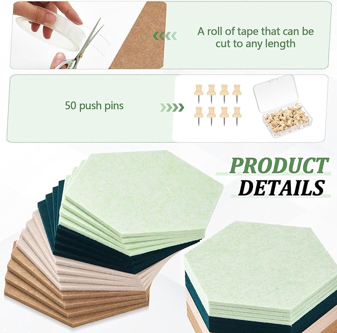 16 Pcs Hexagon Cork Board for Walls with 50 Wooden Push Pins 12x10 in Felt DIY Tiles Notice with Nano Tape Hanging Bulletin Board for Home Photo Office Memo Note (Green)