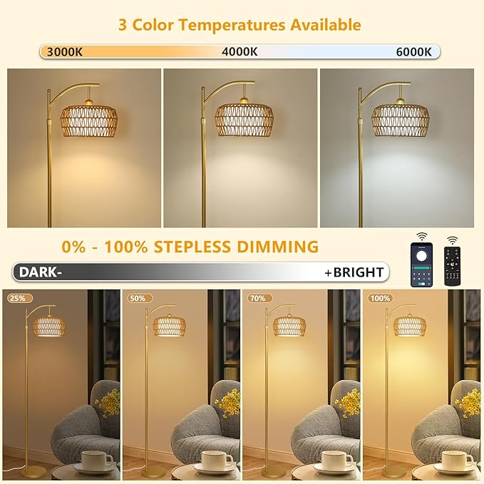 Gold Floor Lamps for Living Room, Boho Rattan Floor Lamp with Remote and Dimmable Bulb, 3 Color Temperatures, Modern Arc Standing Lamp with Wicker Shades, Farmhouse Tall Lamp for Bedroom