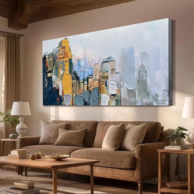 Arjun Neutral Wall Art Painting Oversize Abstract Art Wall Decor Canvas, Textured Skyline for Living Room Gold Painting Modern Artwork for Men Bedroom Cityscape Home Office Wall Decor, 58"x 29"
