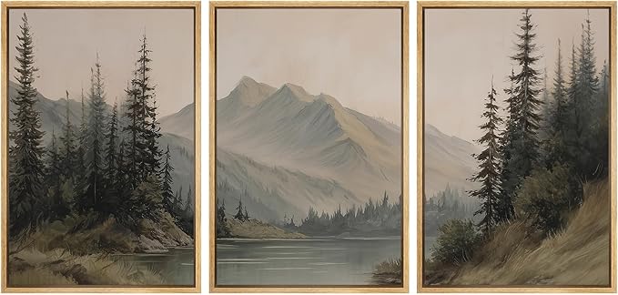 SIGNWIN Framed Canvas Print Wall Art Set Tranquil Pine Forest Mountain Lake Landscape Illustrations Modern Art Decorative Nordic Abstract for Living Room, Bedroom, Office - 24"x36"x3 Natural