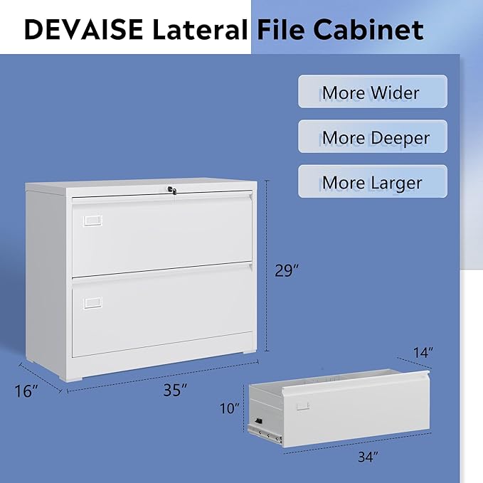 DEVAISE Lateral File Cabinet with Lock, 2 Drawer Metal Filing Cabinet for Home Office Organizer Hanging Files Letter/Legal/F4/A4 Size, Required Assembly, White