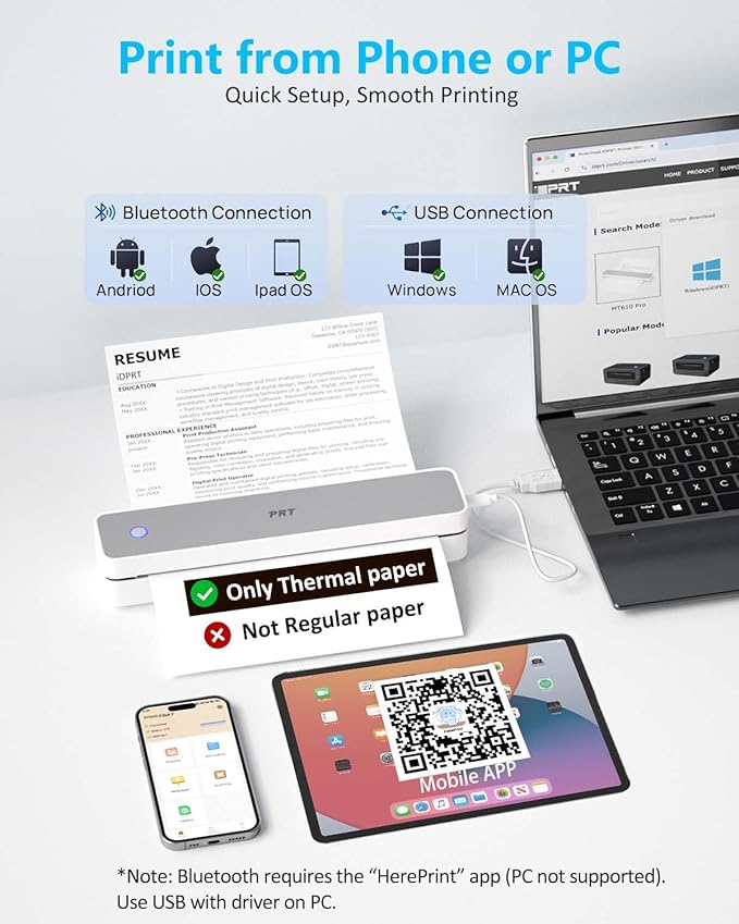 PRT Inkless Portable Printer for Travel, Wireless Thermal Printer Support 8.5 x 11 Inch US Letter A4 B5, Bluetooth Mobile Printers with iOS, Android, Laptop for Home Use, Car, Office, School, Grey