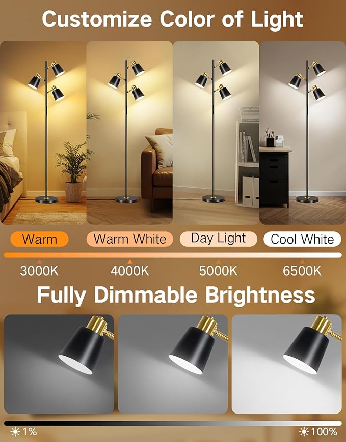 OUTON Tree Floor Lamp, LED Dimmable Floor Lamp with Remote and Touch Slide Control, 4 Color Temperatures, 3 Rotatable Lights, Modern Standing Lamp for Living Room Bedroom Office, Black Gold