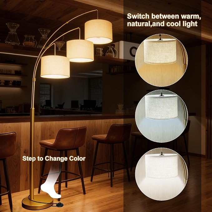 Dimmable Arc Floor Lamp, Gold Pole Standing Lamp with Linen Shade and Heavy Base, Remote Control with Stpeless Color Temperatures and Brightness for Bedroom, Office