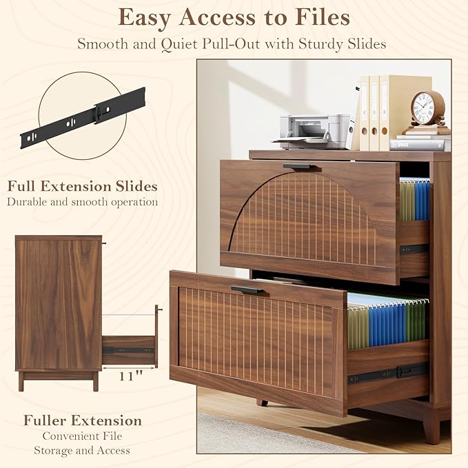 Lateral File Cabinet 2 Drawer File Cabinet with Charging Station for Legal/Letter/A4 Size Hanging Files, Large Modern Fluted File Storage Cabinets Printer Stand for Home Office, Walnut