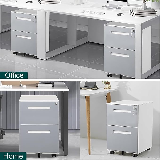 2 Drawer Mobile File Cabinet with Lock & Wheel, Under Desk Rolling Vertical Filing Cabinet, Anti-Tipping Design Metal Storage Cabinet for Legal, Letter, A4 (Gray)