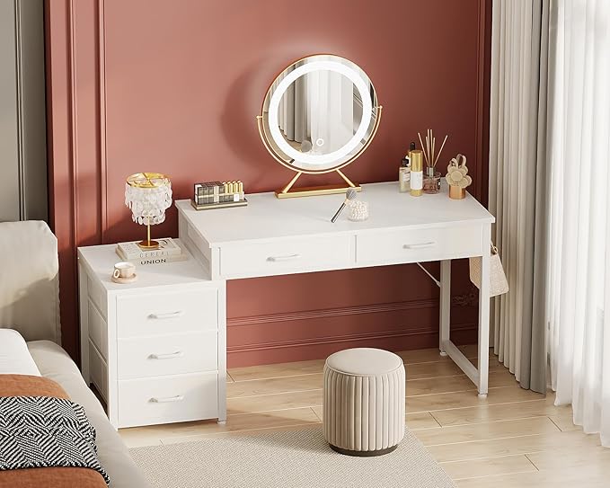 ODK Computer Desk with 5 Drawers, 53 Inch Office Desk for Kids Study, White Vanity Desk for Girls Dressing Room, Small Computer Table for Bedroom, White