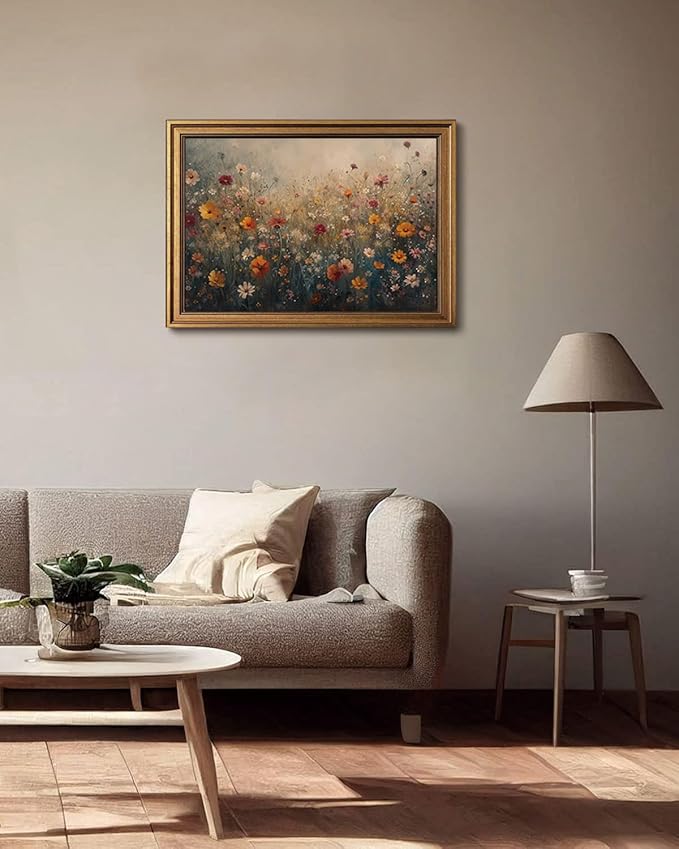 Gold Framed Wall Art Vintage Flower Canvas Wall Art Nature Landscape Flower Wildflower Artwork Prints Picture for Living Room Bedroom Farmhouse Bathroom Office Decor, 16x24