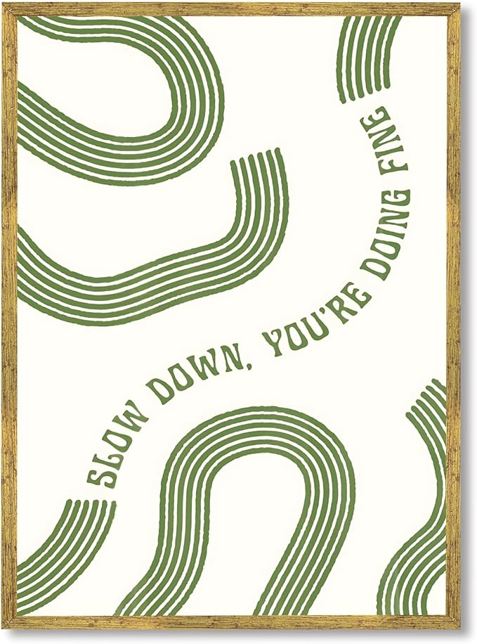 Slow Down You’re Doing Fine Wall Art Retro Minimalist Motivational Quote Music Poster Inspirational Midcentury Song Lyrics Sage Green Canvas Prints for Bedroom Home Decor 12x16inch Golden Framed
