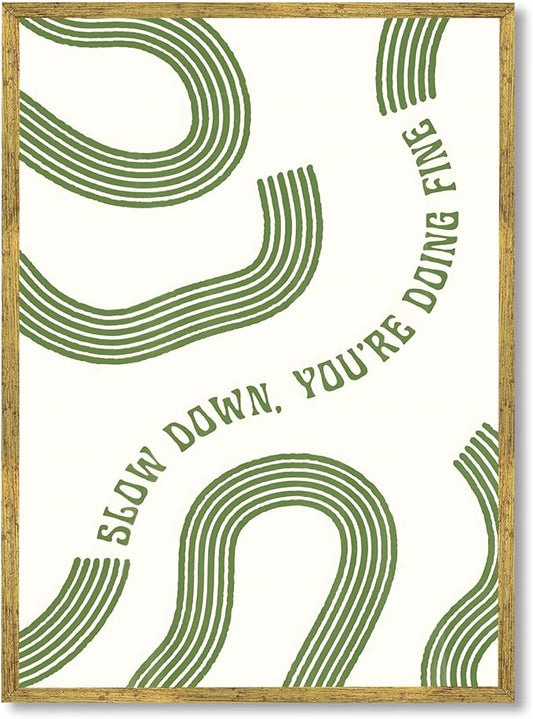 Slow Down You’re Doing Fine Wall Art Retro Minimalist Motivational Quote Music Poster Inspirational Midcentury Song Lyrics Sage Green Canvas Prints for Bedroom Home Decor 12x16inch Golden Framed