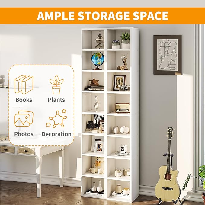 8-Tier Narrow Bookshelf, 71.5" Tall Corner Bookcase, Modern Book Shelf with Storage Space, Wooden Display Storage Shelves for Bedroom, Living Room and Office, White