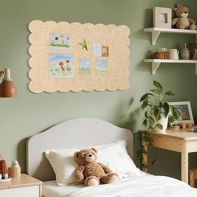 Scalloped Bulletin Board, 36 x 24 Inches Felt Pin Board - Decorative Cork Alternative for Wall, Foldable Picture Self-Adhesive Vision Prayer Board with 20 Pushpins - Beige Brown