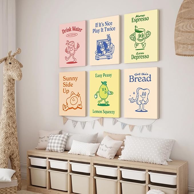 Youillne Retro Trendy Wall Art Decor Kitchen Aesthetic Canvas Art Prints Vintage Cute Pictures Funny Green Pink Yellow Blue Cartoon Wall Art Set of 6 8x10 Inch Ready to Hang
