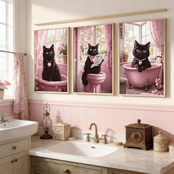 3Pcs Funny Black Cat Bathroom Wall Art Cute Pets Cat Reading Newspaper On The Toilet Painting Pictures Wall Decor Pink Animal Posters Prints for Bathroom Toilet Decorations 12x16 Inch Unframed