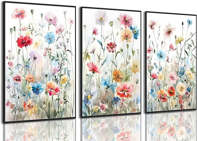 KISSFOX Framed Colorful Wildflower Canvas Wall Art Set Of 3 Flowers Pictures Prints Flowers Printing Floral Watercolors Flower wall Decor Living Room Girls Bedroom Bathroom